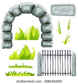 Fence elements. Stone arch, signboard, wrought iron fence and grass. Can be used to decorate a park, zoo, estate