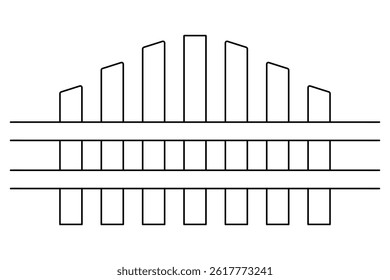 The fence is fastened from the outside with two horizontal boards. Sketch. Wooden fence made of boards increasing in height to the center. Vector illustration. Outline on an isolated white background.