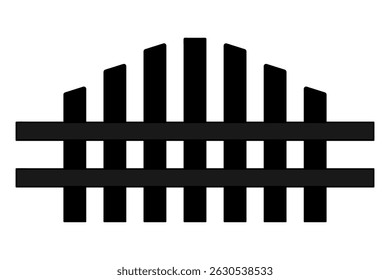 A cerca é fixada do exterior com duas tábuas horizontais. Silhueta. Cerca de madeira feita de tábuas aumentando em altura para o centro. Ilustração vetorial. Fundo branco isolado. 