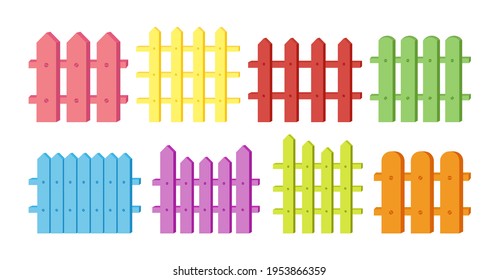 Fence flat cartoon set. Rural wooden fences, pickets garden wood wall house concepts. Hand drawn picket, pasture, fence and wall, collection. Isolated vector illustration