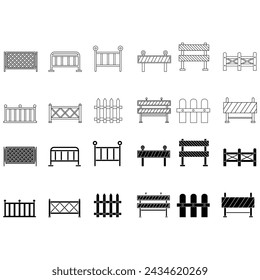 Fence flat line icon set. Wood fencing, metal profiled sheet, wire mesh, crowd control barricades vector illustrations.