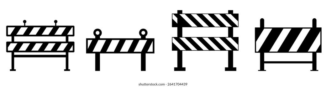Fence flat line icon set. Wood fencing, metal profiled sheet, wire mesh, crowd control barricades vector illustrations.
