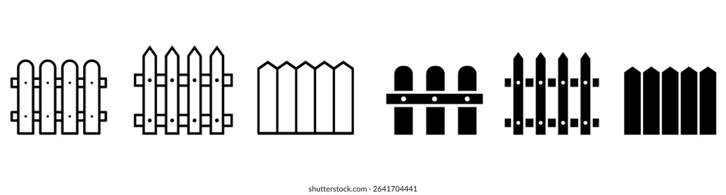Fence flat line icon set. Wood fencing, metal profiled sheet, wire mesh, crowd control barricades vector illustrations.