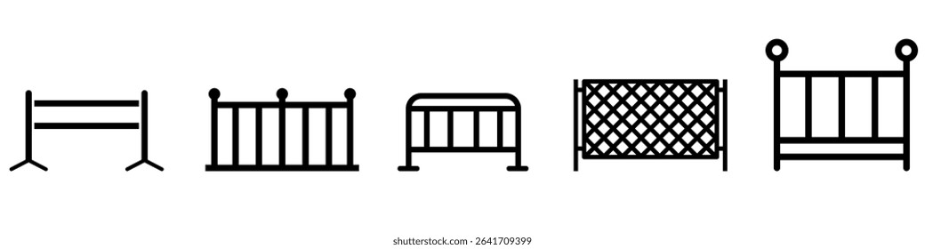 Fence flat line icon set. Wood fencing, metal profiled sheet, wire mesh, crowd control barricades vector illustrations.
