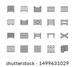Fence flat line icons set. Wood fencing, metal profiled sheet, wire mesh, crowd control barricades vector illustrations. Outline signs for protection store. Pixel perfect. Editable Strokes.
