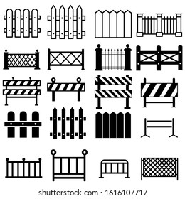 Fence Flat Line Icons Set. Wood Fencing, Metal Profiled Sheet, Wire Mesh, Crowd Control Barricades Vector Illustrations.