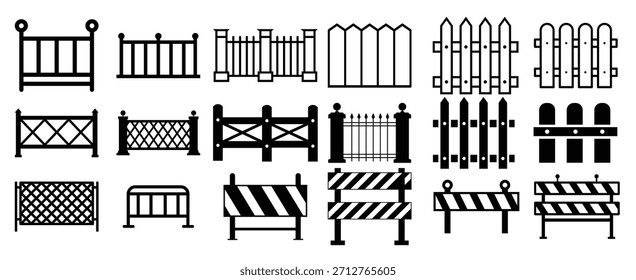 Conjunto de iconos de línea plana de valla Perfil de metal de valla de madera 