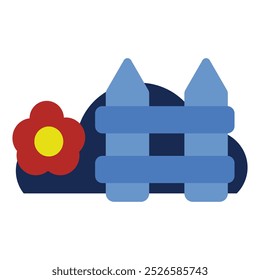Valla y flor icono plano aislado sobre fondo blanco. Ilustración de elemento de diseño de un jardín de flores bordeado por una valla. Elemento de diseño con un tema de naturaleza