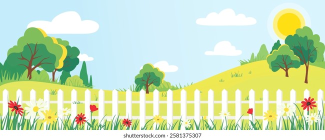 Fence in a flowering garden. Backyard of a house with blooming flowers and a view of a beautiful landscape of forest, trees, green grass on a sunny day. Vector illustration of a backyard fence.