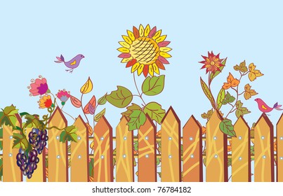 Fence and flowers cartoon border in summer with bird