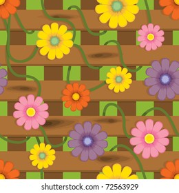 Fence with flowers. Seamless background pattern. Vector illustration.