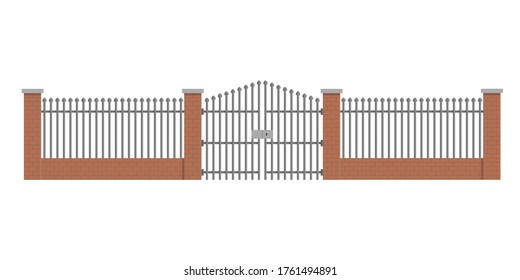 Fence with forged metal and brick pillars. Flat design. Vector illustration isolated on white background