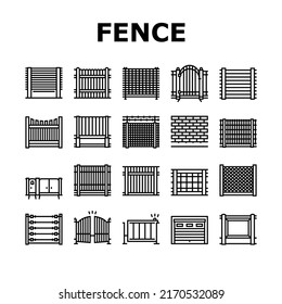 Fence And Gate Exterior Security Icons Set Vector. House And Prison Fence, Wooden And Metallic Material Barrier, Concrete Wall And Wood Panel For Secure Territory Black Contour Illustrations