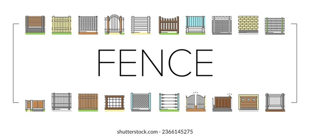 Fence And Gate Exterior Security Icons Set Vector. House And Prison Fence, Wooden And Metallic Material Barrier, Concrete Wall And Wood Panel For Secure Territory Color Illustrations
