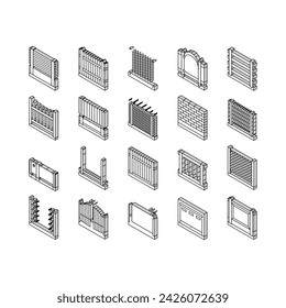 Fence And Gate Exterior Security isometric icons set. House And Prison Fence, Wooden And Metallic Material Barrier, Concrete Wall And Wood Panel For Secure Territory Color