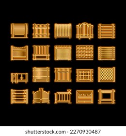 Fence And Gate Exterior Security neon light sign vector. House And Prison Fence, Wooden And Metallic Material Barrier, Concrete Wall And Wood Panel For Secure Territory Illustrations