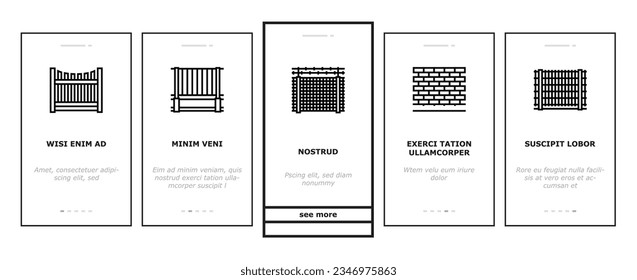 Fence And Gate Exterior Security onboarding mobile vector. House And Prison Fence, Wooden And Metallic Material Barrier, Concrete Wall And Wood Panel For Secure Territory Color Illustrations