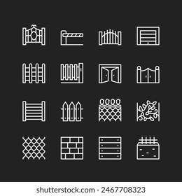 Fence and gate icons, white lines on black background. Home and cottage fencing of various materials and designs. Customizable line thickness