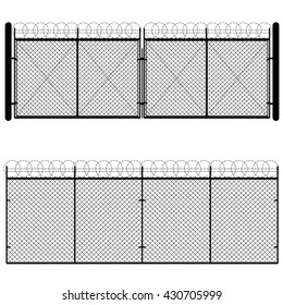 Fence and gate made of metal wire mesh on white background.