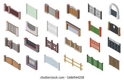 Fence gate vector isometric set icon. Isolated isometric set icon wooden gates. Vector illustration fence gate on white background.