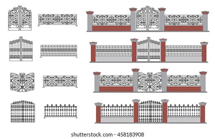 Fence Gate wrought iron wicket, grilles forged Ornate antique iron fence. Isolated on white, vector