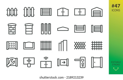 Fence and gates isolated icons set. Set of fence panel, automatic sliding gate, swing gates, post cap, rabitz mesh, concrete fence posts, wire fencing materials vector icon.