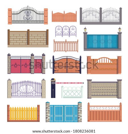 Fence, gates set of vector illustration isolated on white background. Wooden, metal, stone brick wall, barriers. Outdoor fence architecture elements of metal forging, masonry hedges with wickets.