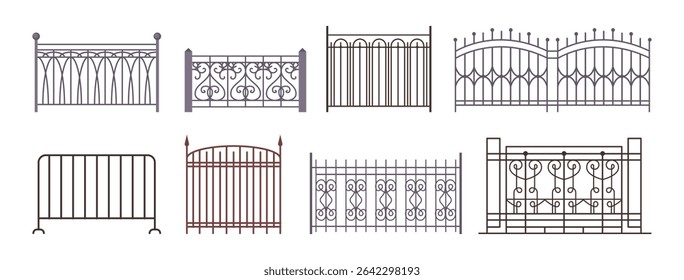 Fence gates set. Vector isolated metal entrance and barriers with decorative motifs. Wrought fence, steel forge doors with wrought iron. Antique garden or park doorway with forged ornaments
