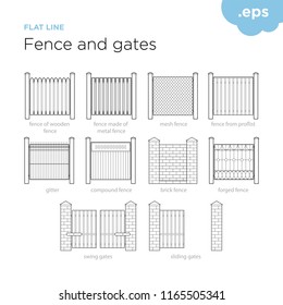 Fence and gates - Set fence and gates vectors lines. The main types of fences and gates.
