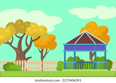 Fence and gazebo on personal plot vector illustration. Small garden with trees and summer terrace in backyard. Privacy, small space design, gardening, spring concept