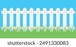 Fence with grass. Wooden picket background isolated farm garden barier illustration.