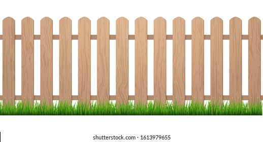 Fence With Grass. Wooden Picket Background Isolated Farm Garden Barier Illustration.