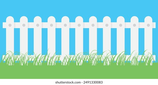 Fence with grass. Wooden picket background isolated farm garden barier illustration.