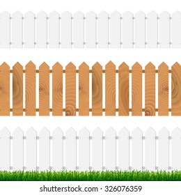 Fence With Green Grass And Blue Sky With Gradient Mesh, Vector Illustration