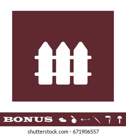Fence icon flat. White pictogram on brown background. Vector illustration symbol and bonus icons
