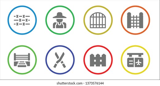 fence icon set. 8 filled fence icons.  Collection Of - Barbed wire, Boxing ring, Gardener, Shears, Gate, Fence