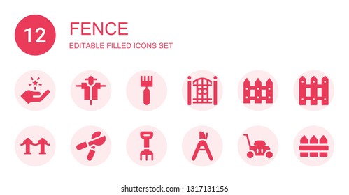 fence icon set. Collection of 12 filled fence icons included Fame, Scarecrow, Rake, Fence, Red carpet, Pruning shears, Lawn mower