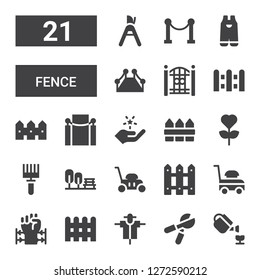 fence icon set. Collection of 21 filled fence icons included Gardening, Pruning shears, Scarecrow, Fence, Barbed wire, Lawn mower, Garden, Rake, Fame, Red carpet