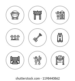 Fence icon set. collection of 9 outline fence icons with boxing ring, fence, gate, gardener, gardening, rake icons. editable icons.