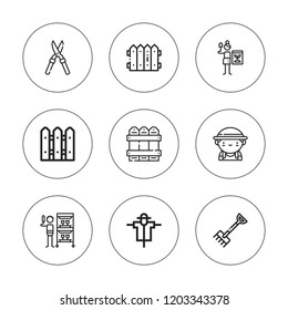 Fence icon set. collection of 9 outline fence icons with fence, gardener, rake, scarecrow icons. editable icons.