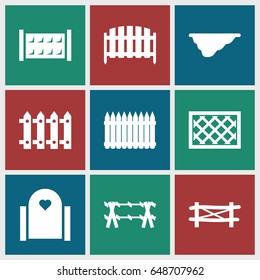 Fence icons set. set of 9 fence filled icons such 