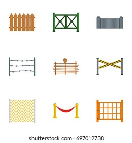 Fence icons set. Flat set of 9 fence vector icons for web isolated on white background