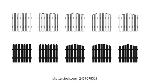 Conjunto de iconos de valla. Símbolo de la cerca de madera de la casa sobre un fondo blanco. Ilustración vectorial de esgrima de plantilla