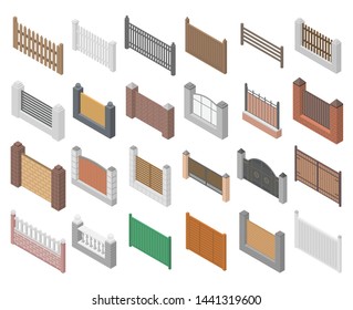 Fence icons set. Isometric set of fence vector icons for web design isolated on white background