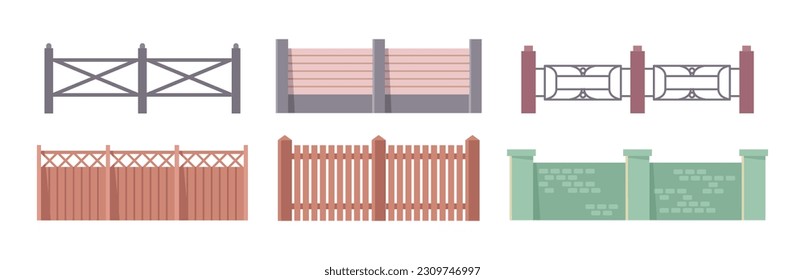 Fence icons set, park elements in flat cartoon style. Vector illustration of garden fences, wooden or brick railing, bakyard construction, home barriers