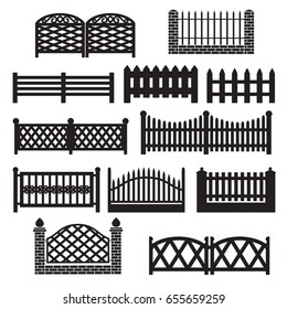 Fence icons. Fence silhouette Icon Set Isolated on a White Background. Barrier for Protection Garden, House and Farm. 