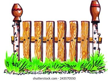 Fence, fence with jugs. Vectorized drawing color marker
