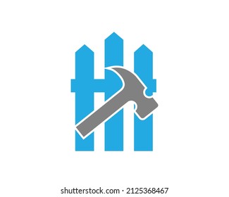 Fence Logo  With a Hammer Template design. Creative Vector Icon.