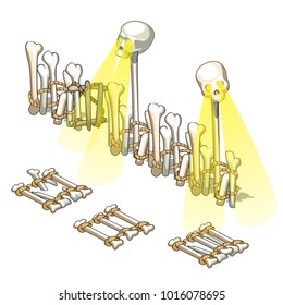 A fence made of human bones and the glowing skulls isolated on white background. Vector cartoon close-up illustration.