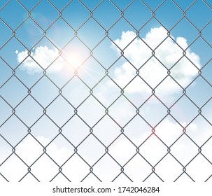 Fence made of metal wire mesh with a blue sky in the background. Vector illustration.